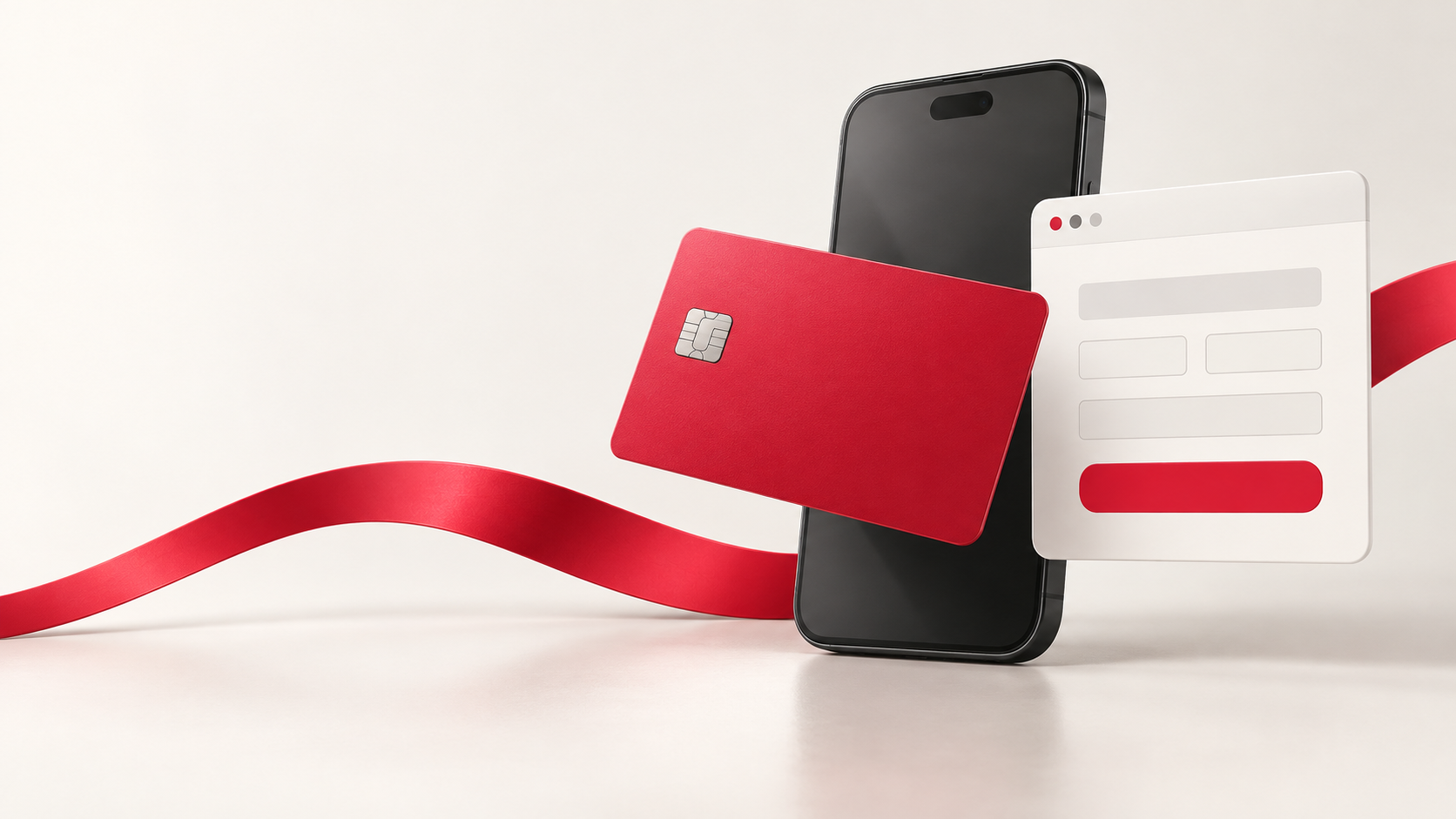 Illustration of a payment card, phone and checkout form in DCX colours.