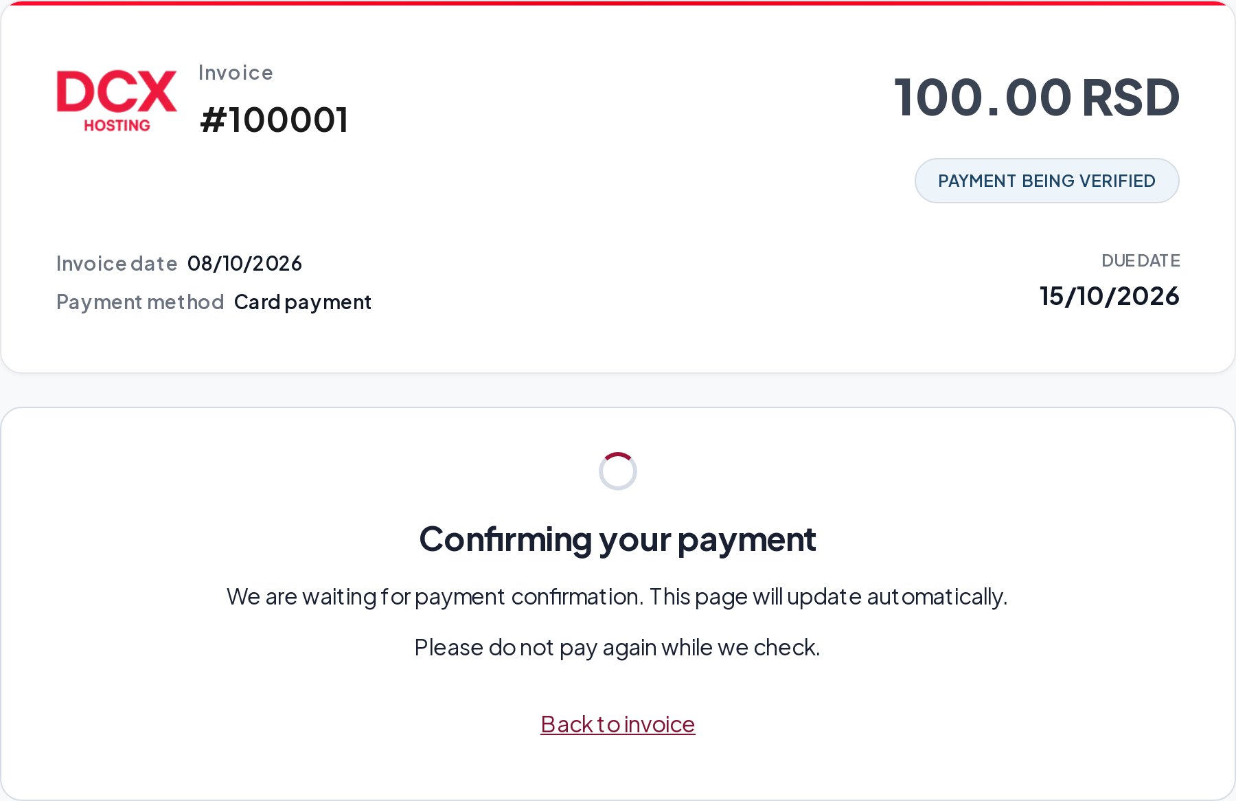 Demonstration of the payment confirmation message on a DCX invoice.