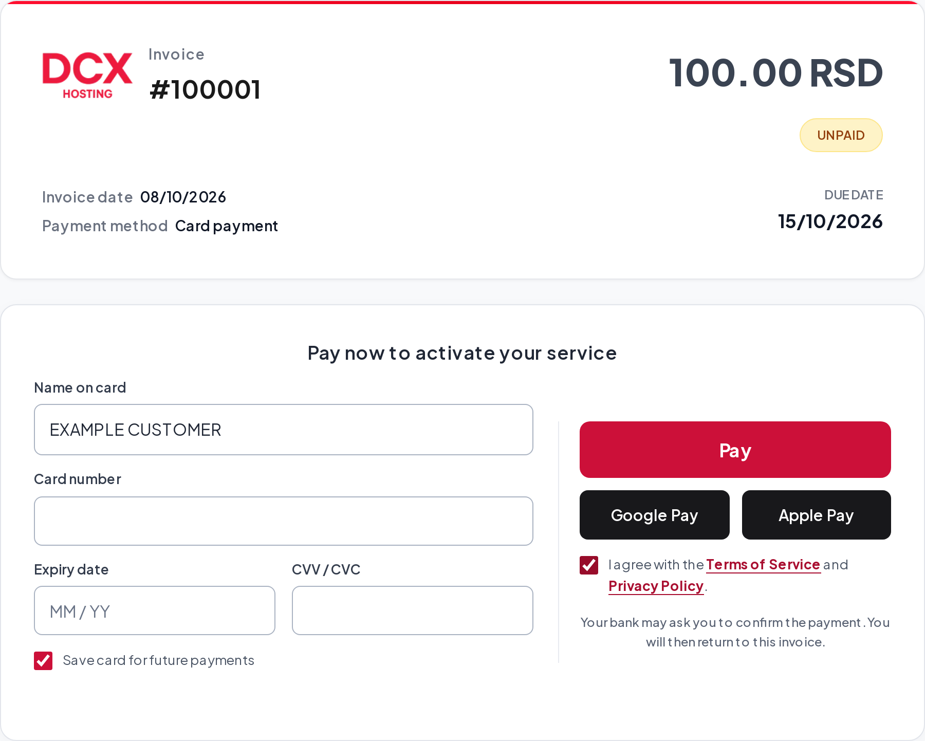 Demonstration of a DCX invoice and new-card form using an example name and no real card data.