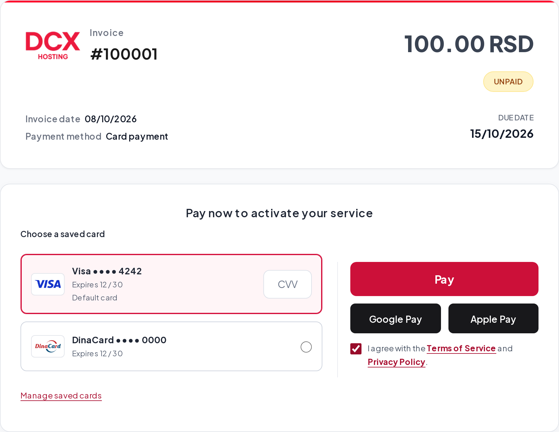 Demonstration of saved-card selection and the CVV field on a DCX invoice.