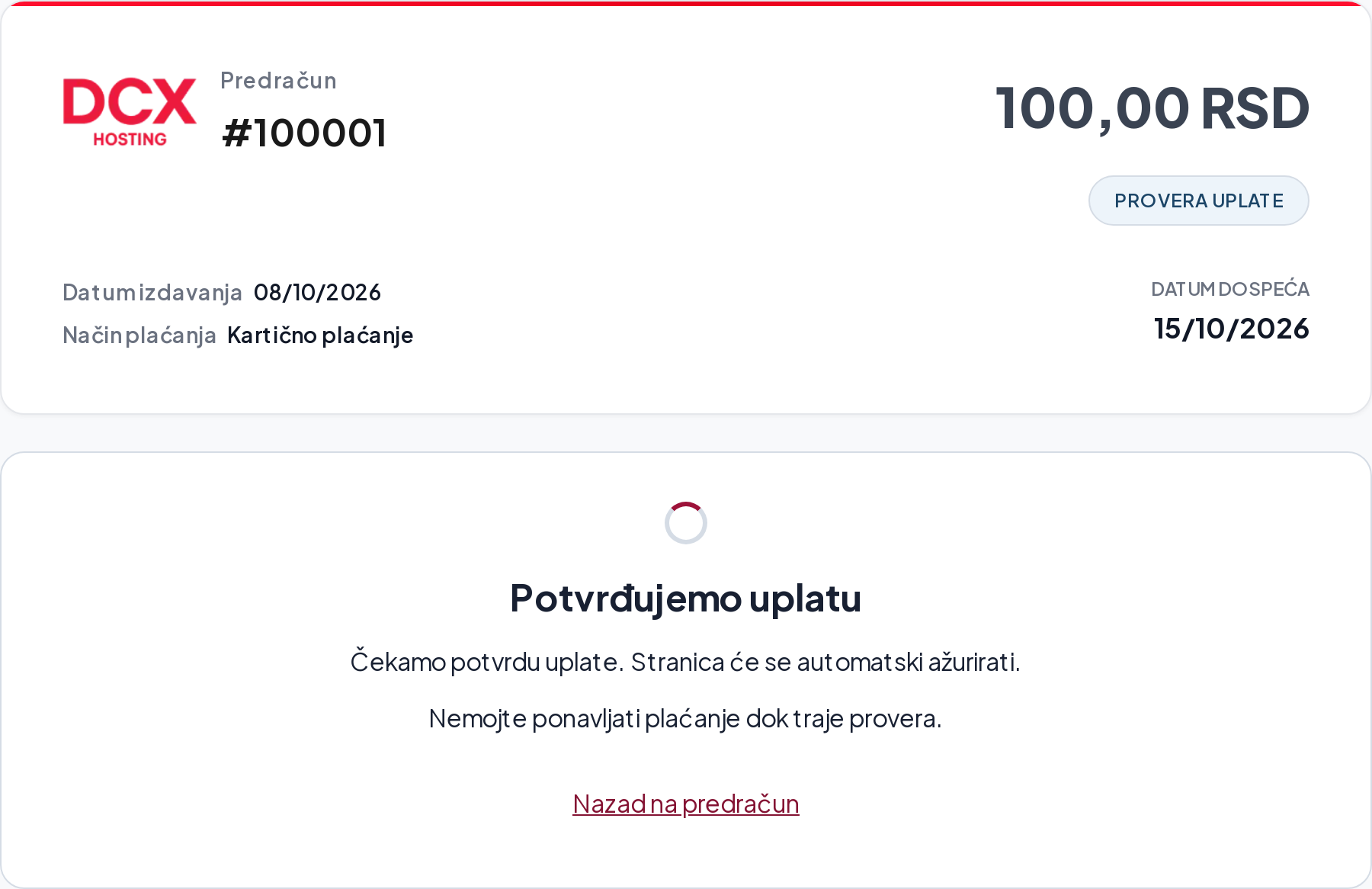 Demonstracioni prikaz poruke Potvrđujemo uplatu na DCX predračunu.