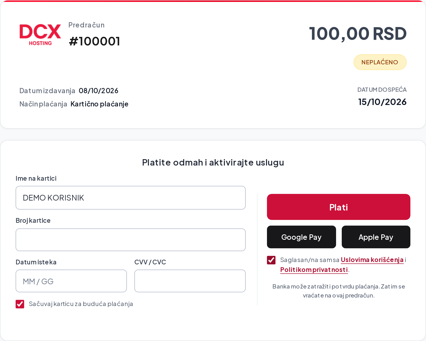 Demonstracioni prikaz DCX predračuna i forme za novu karticu sa primerom imena, bez stvarnih kartičnih podataka.